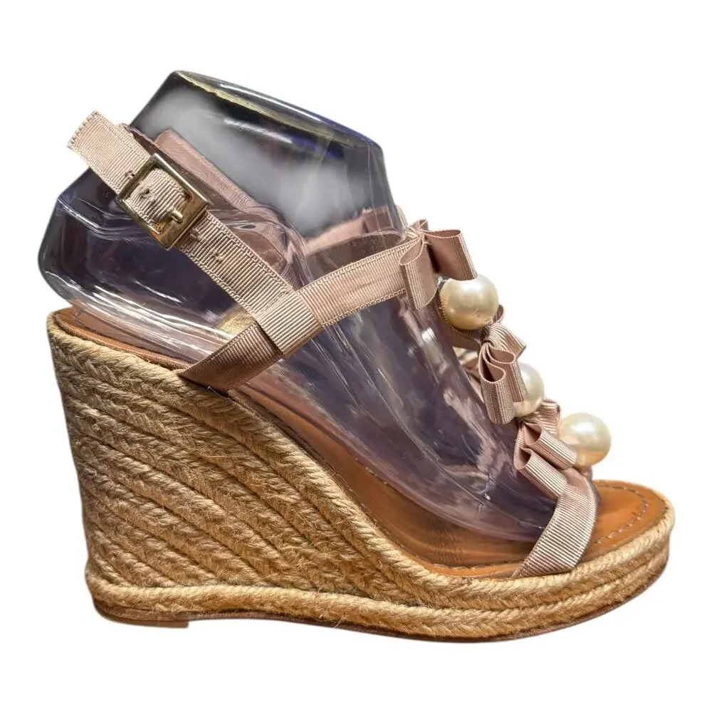 KATE SPADE Women's 7 Pearl Grosgrain Ribbon Espadrille Wedge Sandals Bow Spain